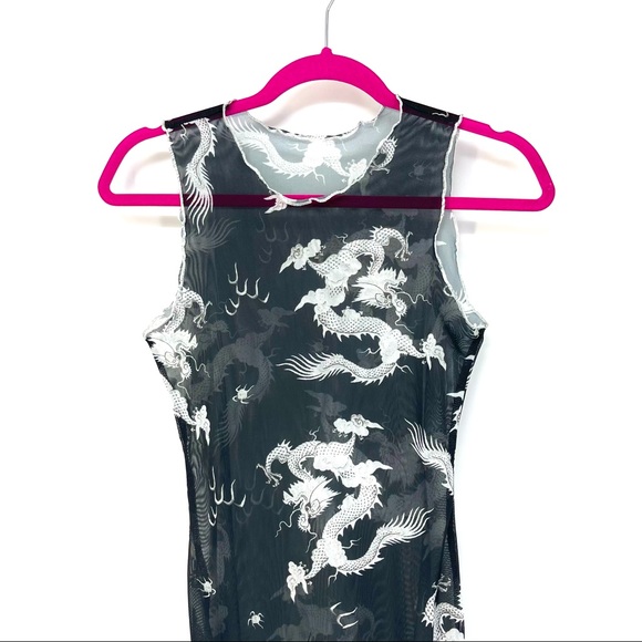 XS Black Chinese Dragon Lettuce Trim Mesh Dress - Picture 3 of 7